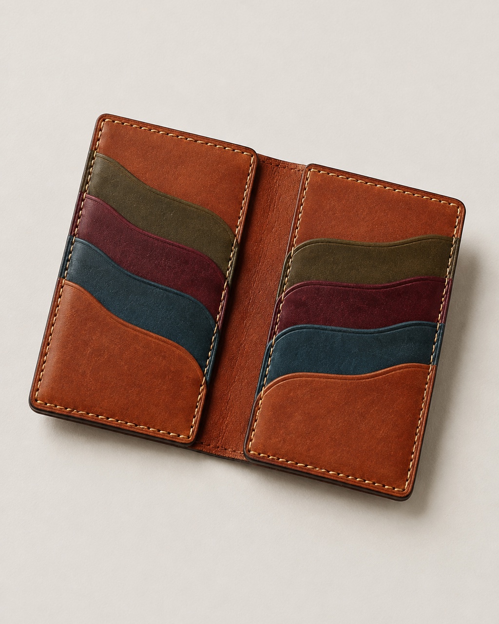 Card wallet in cognac vegetable-tanned leather with olive, oxblood and teal slots