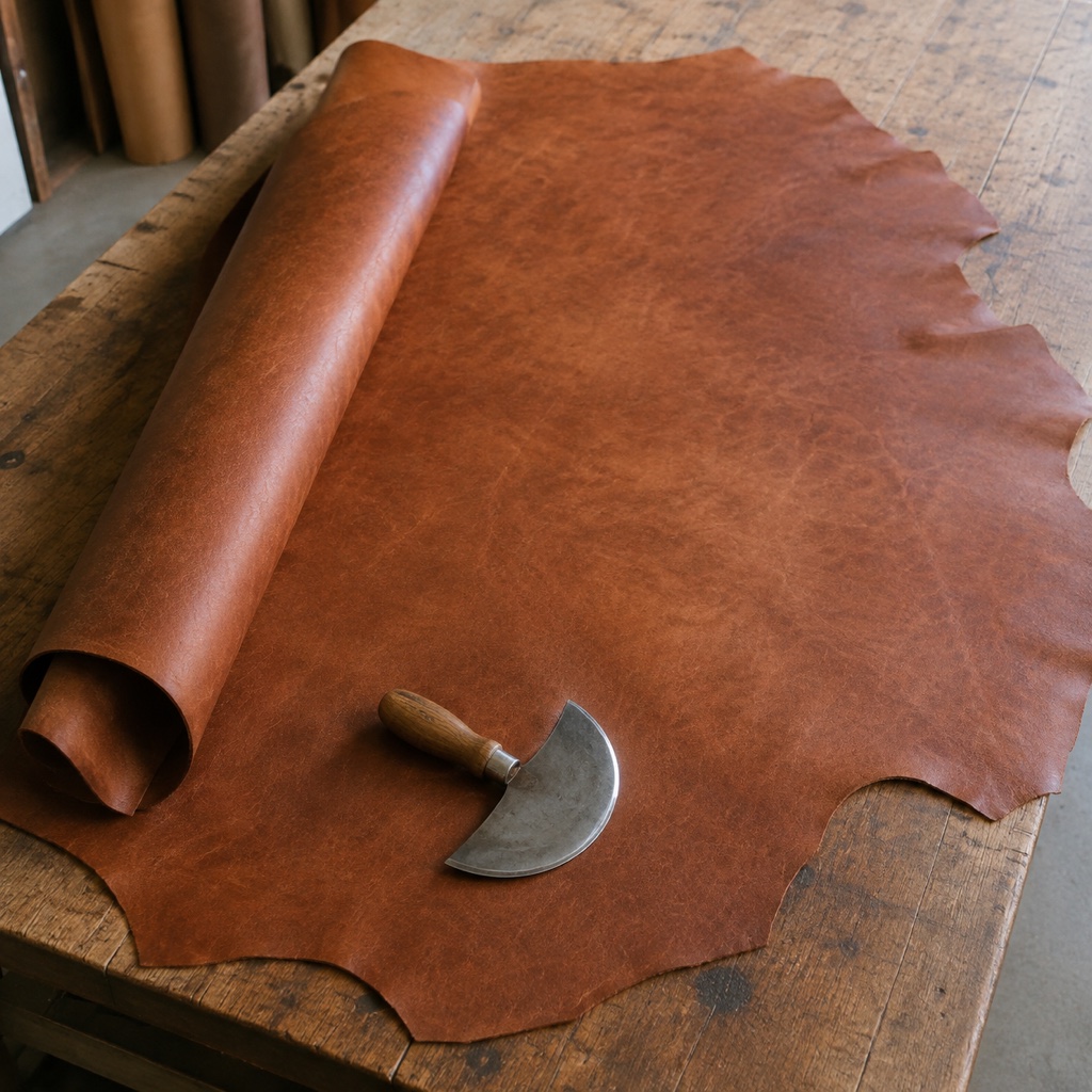 A side of vegetable-tanned leather on the bench
