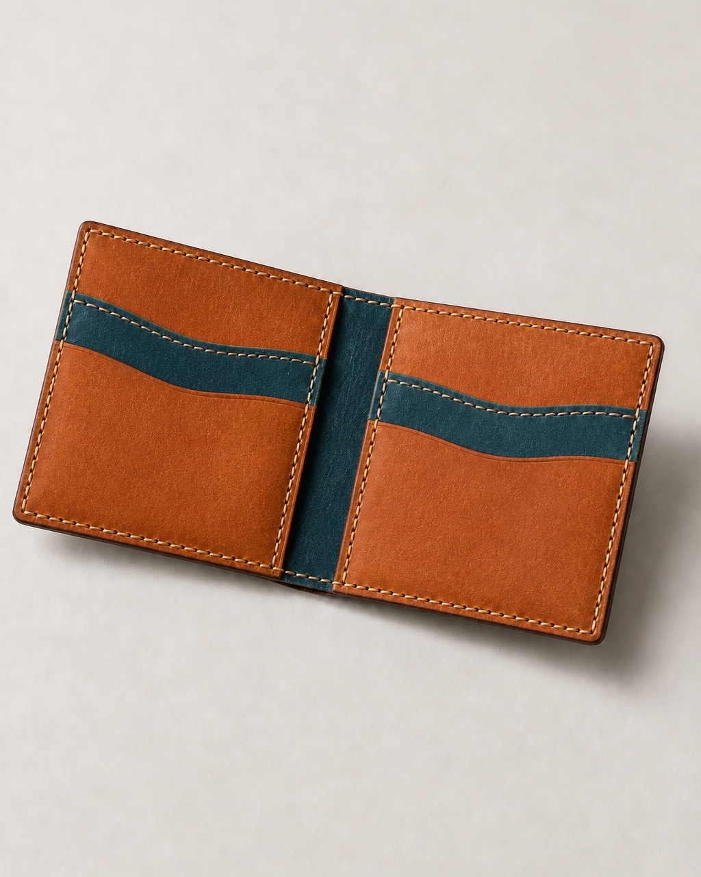 Bifold wallet in cognac & teal leather
