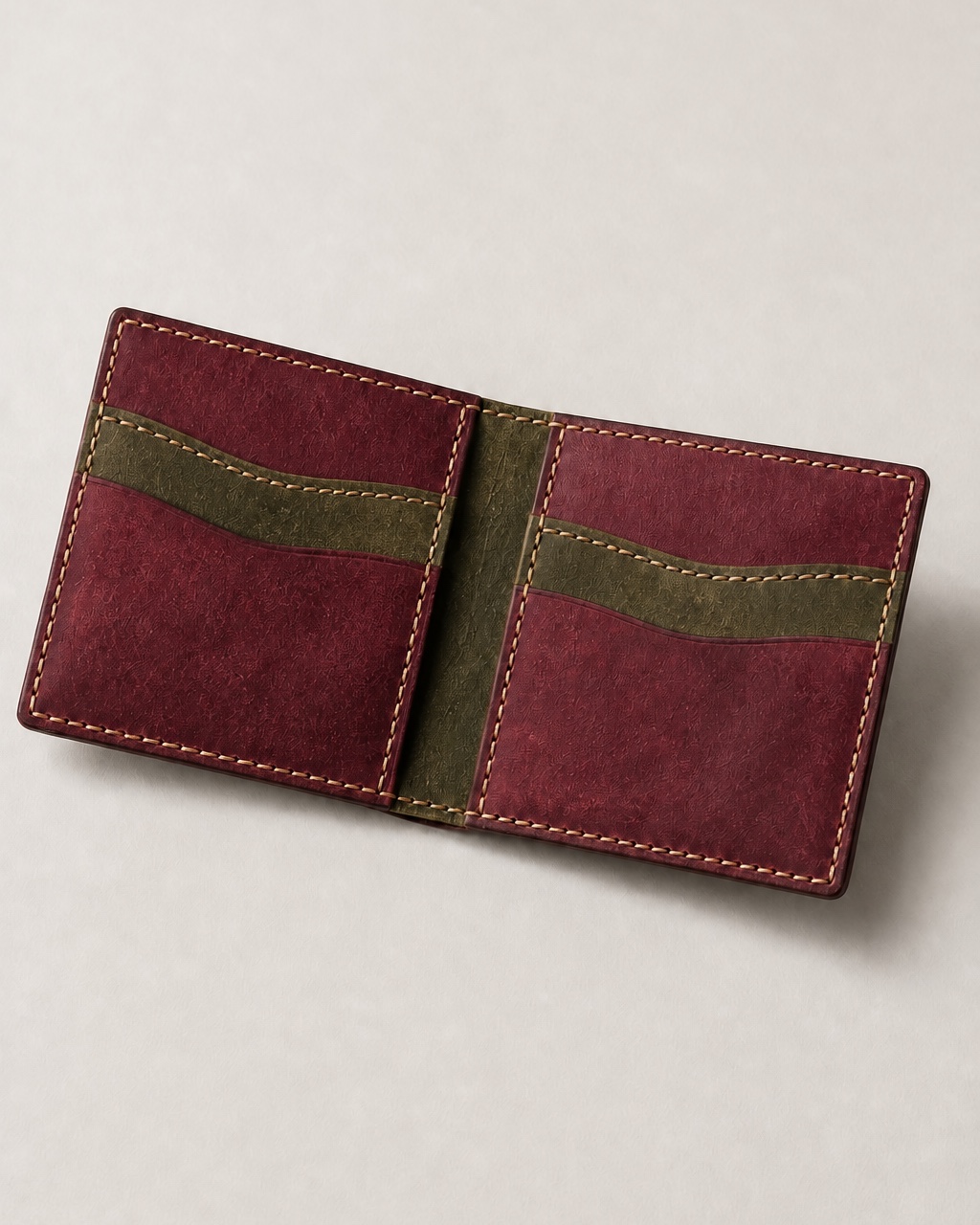Bifold wallet in oxblood & olive leather